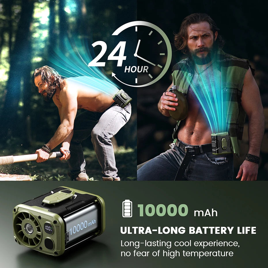 10000mAh Portable Waist Fan with Power Bank LED Lighting Hanging Neck Fan 5 Speed Strong Airflow Cooling Fan for Outdoor Working