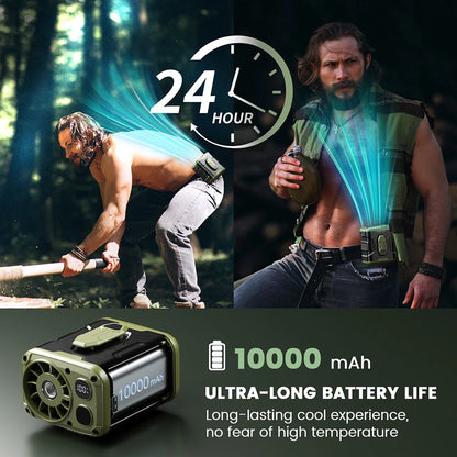 10000mAh Portable Waist Fan with Power Bank LED Lighting Hanging Neck Fan 5 Speed Strong Airflow Cooling Fan for Outdoor Working