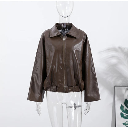 Street Women's Belt Leather Jackets Loose Lapel Zipper Long Sleeve Pockets Female Coats 2026 Autumn Lady Fashion Y2k Outwear
