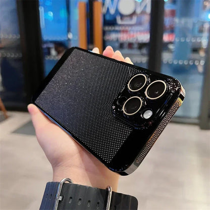 Luxury Plating Hollowed Out Case for iPhone 17 Pro 16 15 14 Pro Max Plus 13 12 Mini 11 17Air Heat Dissipation Shockproof Cover