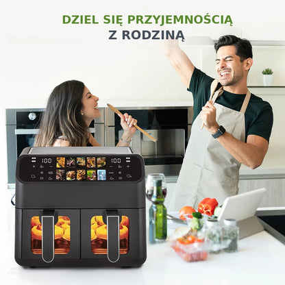 Hot Air Fryer 9L Dual Basket Electric Oilless Cooker Oven with Touch Control,10-In-1 Multifunction,Visible Window,Family Size