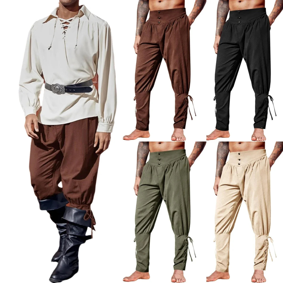 Mens Medieval Ankle Pants Renaissance Viking Pirate Lace Up Tapered Halloween Linen Costume Trousers Cargo Pants