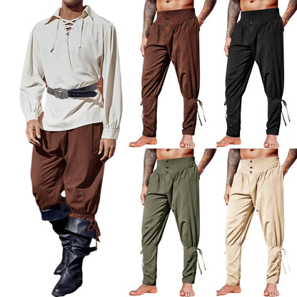 Mens Medieval Ankle Pants Renaissance Viking Pirate Lace Up Tapered Halloween Linen Costume Trousers Cargo Pants