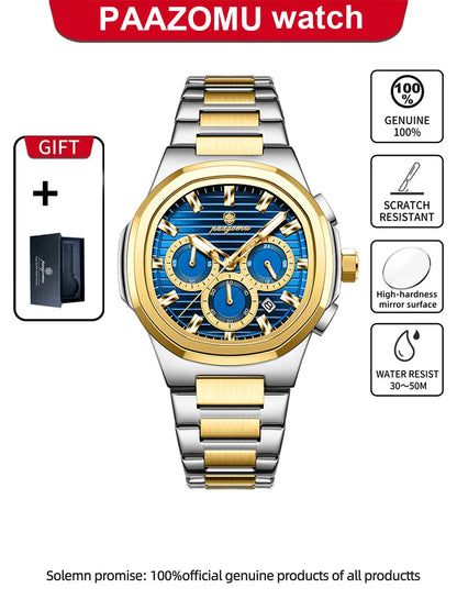 PAAZOMU Fashion Brand Man Wristwatch Waterproof Stainless Steel Luminous Men Watch Chronograph Date Luxury Quartz Men's Watches