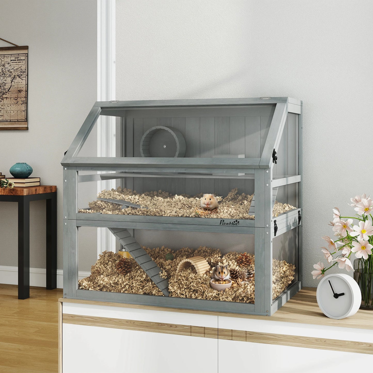 Wooden Hamster Cage 3 Story with Deep Base Removable Levels for Small Animals 80x50x76cm Light Gray