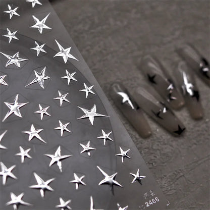 3D Bronzing Laser Silver Irregular Star Nail Decals Metallic Effect Silver Pentagram Nail Decals Adhesive Nail Art Star Stickers