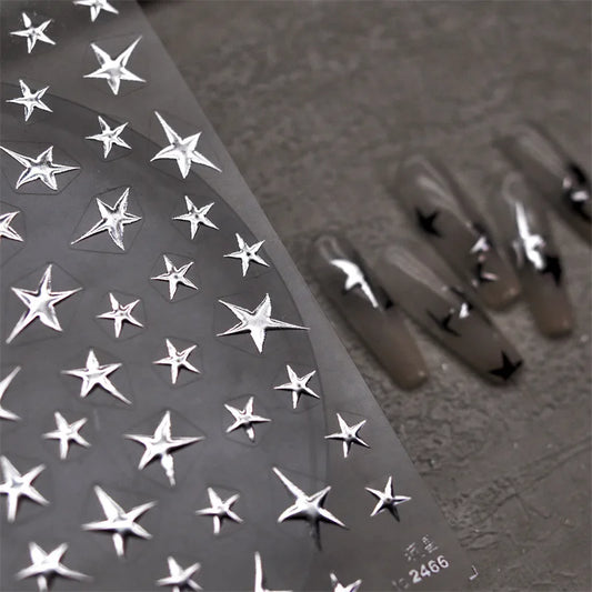 3D Bronzing Laser Silver Irregular Star Nail Decals Metallic Effect Silver Pentagram Nail Decals Adhesive Nail Art Star Stickers