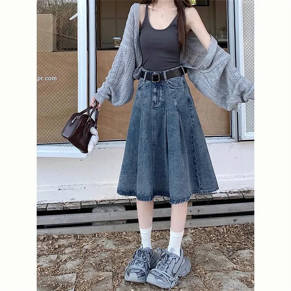 Summer Trendy Designer Lady High Waist Jeans Pleated Skirt Women Fashion Vintage Denim Skirts Girls Korean Casual Midi Skirts