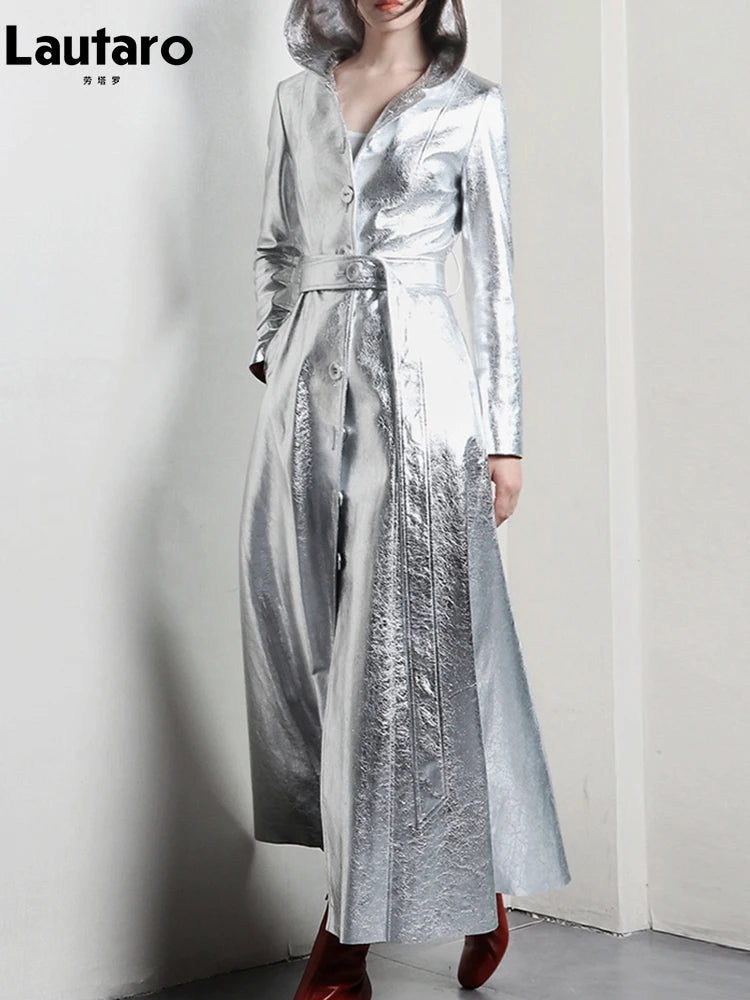 Lautaro Spring Autumn Extra Long Cool Silver Shiny Reflective Pu Leather Trench Coat for Women with Hood Luxury Runway Fashion