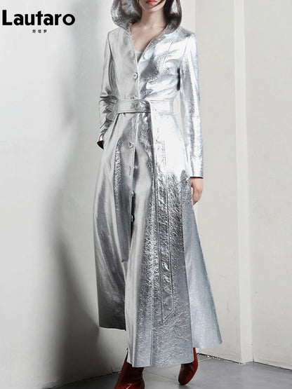 Lautaro Spring Autumn Extra Long Cool Silver Shiny Reflective Pu Leather Trench Coat for Women with Hood Luxury Runway Fashion