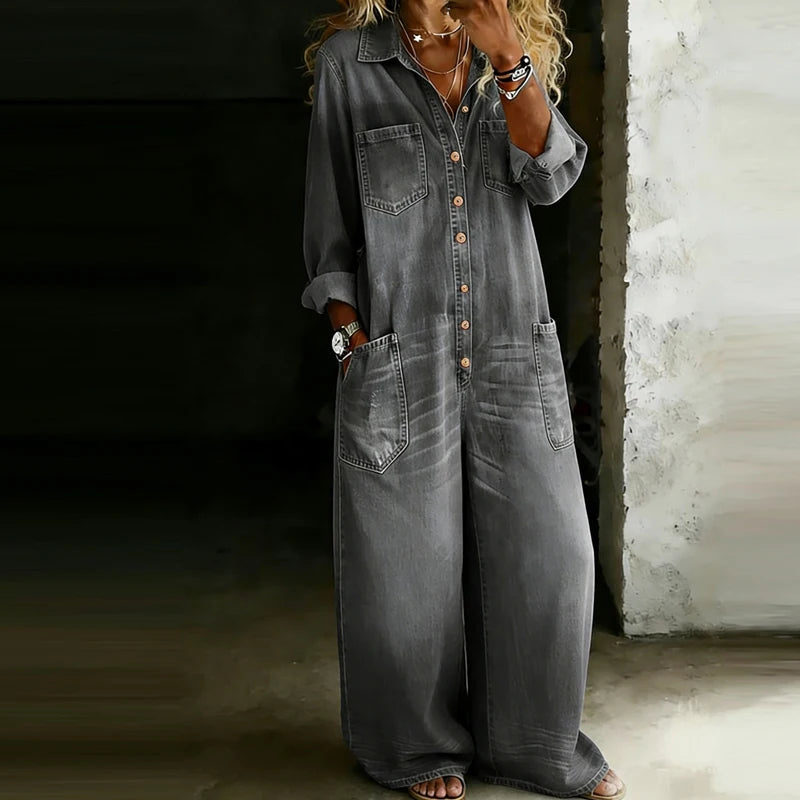Casual Lapel Button Commute High Waist Romper Spring Summer Lady Playsuits Overalls Vintage Denim Long Sleeve Wide Leg Jumpsuits