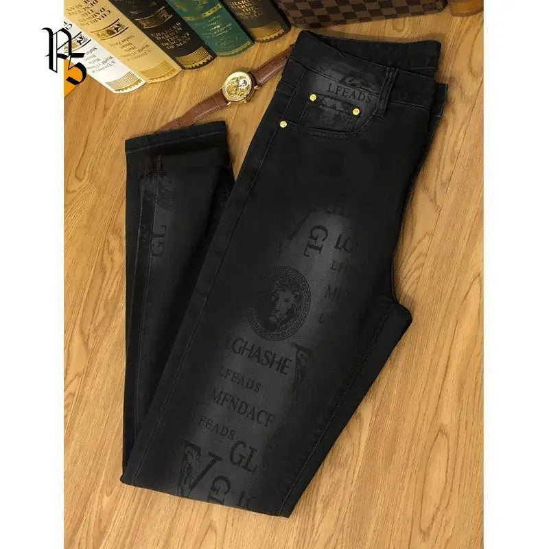 Spring and Autumn Korean Slim Jeans for Men 2025 High-end Luxury Clothing Black Printing Mid-waist Stretch Casual Pencil Pants