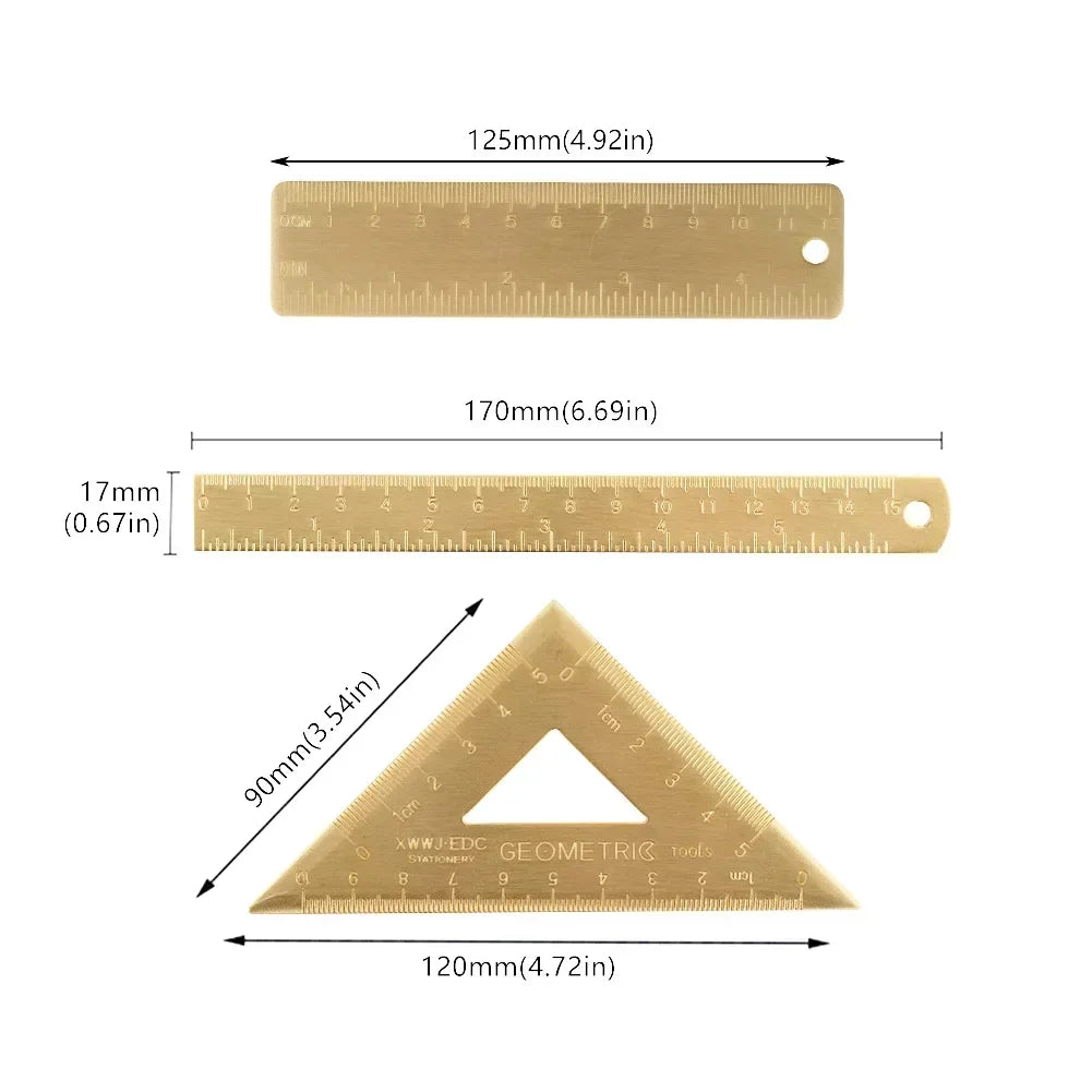 Retro Brass Straight Ruler Student School Office Stationery Metal Triangle Rulers Protractor Painting Drawing Measuring Tools