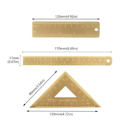 Retro Brass Straight Ruler Student School Office Stationery Metal Triangle Rulers Protractor Painting Drawing Measuring Tools