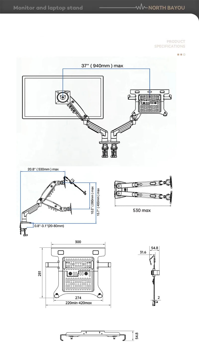 Desktop NB F160 + FP-2 Gas Spring Dual Arm for 17"-27" Monitor Holder + 10"-17" Laptop Support Air Press Mount Stand Load 2-9kg