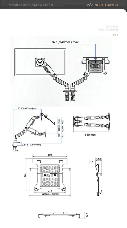 Desktop NB F160 + FP-2 Gas Spring Dual Arm for 17"-27" Monitor Holder + 10"-17" Laptop Support Air Press Mount Stand Load 2-9kg
