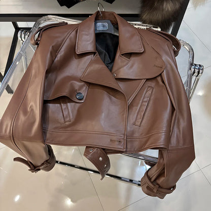 YOLOAgain Wide Shoulder Real Leather Jacket Women Oversized Genuine Leather Cropped Jacket