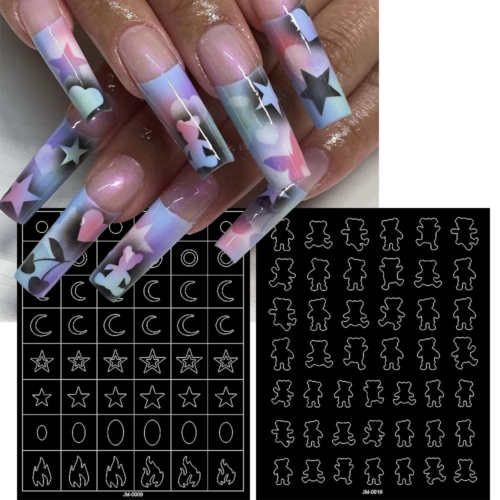 24-Design Airbrush Stencil Nail Stickers 1Pcs Butterfly/Heart/French Line Nail Decal Adhesived DIY Nail Template Airbrush Slider