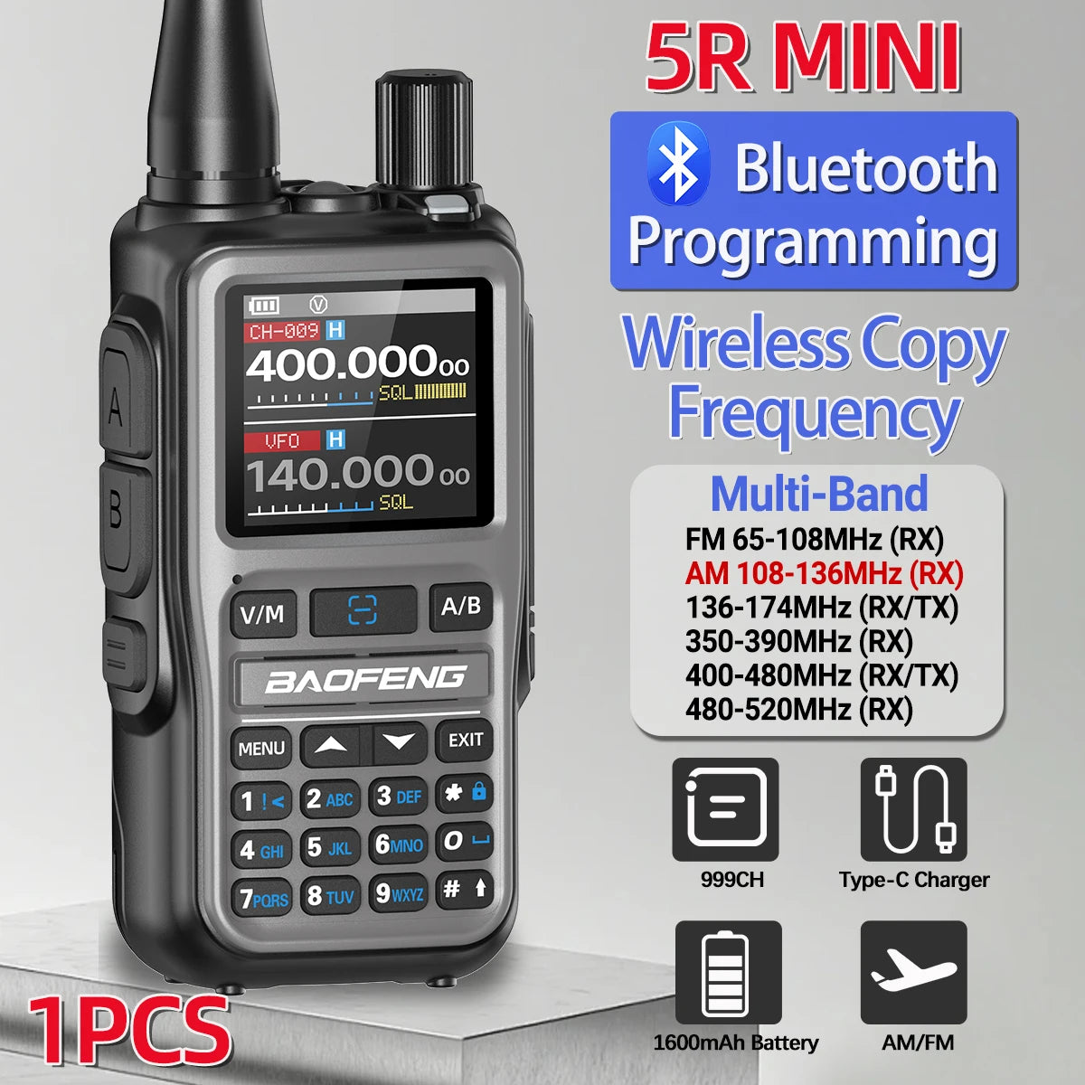 BAOFENG UV-5R Mini Walkie Talkie Full Band Bluetooth Programming Wireless Copy Frequency 2 PTT AM FM Type-C Long Range Ham Radio