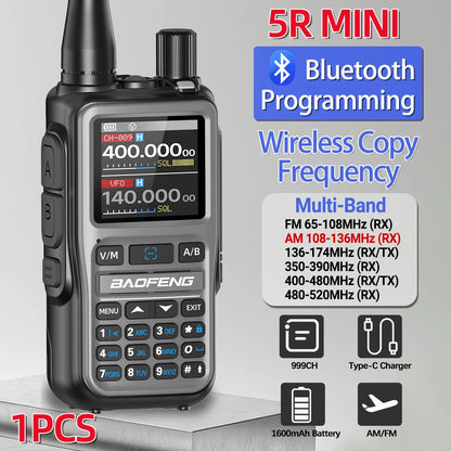 BAOFENG UV-5R Mini Walkie Talkie Full Band Bluetooth Programming Wireless Copy Frequency 2 PTT AM FM Type-C Long Range Ham Radio
