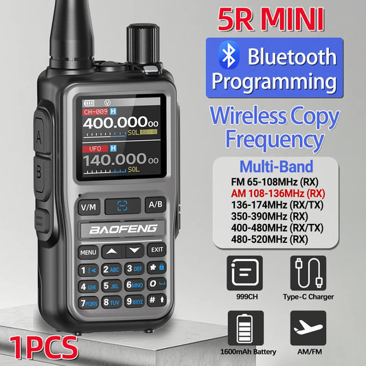 BAOFENG UV-5R Mini Walkie Talkie Full Band Bluetooth Programming Wireless Copy Frequency 2 PTT AM FM Type-C Long Range Ham Radio
