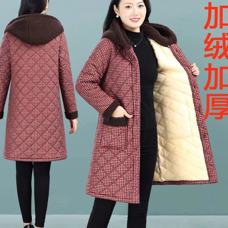 Winter Coat New Vintage Velvet And Thickening Single breasted Cotton Coat for Women Fit Cotton Clip Warm Long Parka Plaid Coat