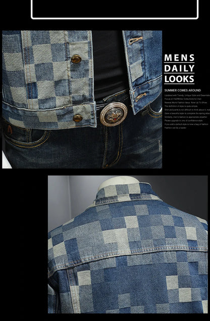 2025 Autumn Vintage Checkered Denim Jacket for Men Flip Collar Single Breasted Casual Business Jacket Social Street Wear Jeans