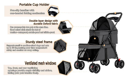 Dual‑Layer Pet Stroller Foldable Travel Dog Cat Cart Breathable Mesh Wagon with Cup Holder Storage Bag for Small Animals