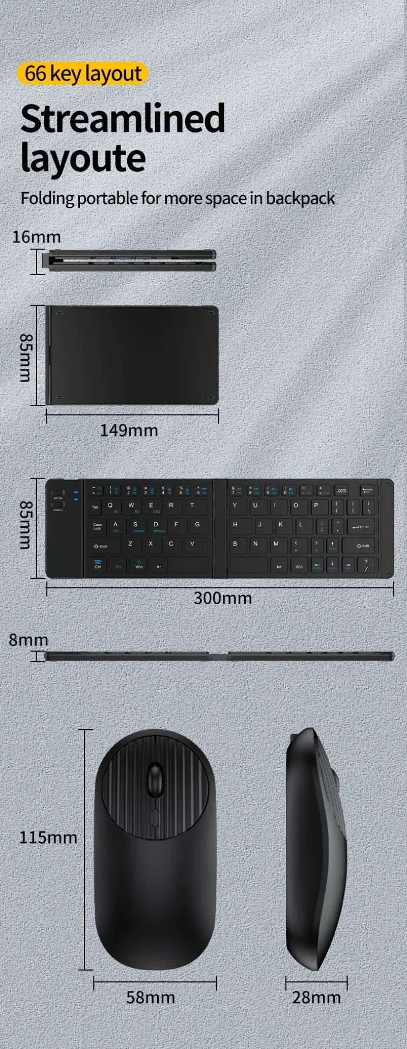 Folding Keyboard and Mouse 2.4G Mini Keypad Bluetooth Wireless Portable Silm Foldable Keyboards for Travel Computer PC iPad