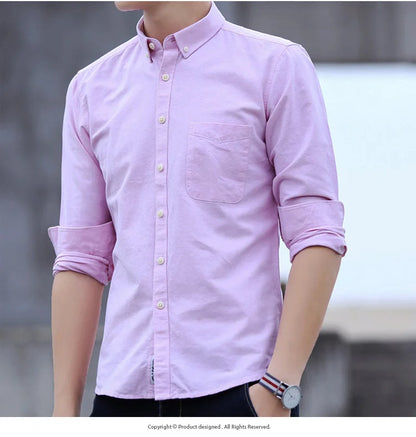 Classic Fit Cotton Full Casual Shirts for Men Solid Color Long-Sleeve Plain Shirt Single Pocket Top Soft Slim Fit Formal Clothes