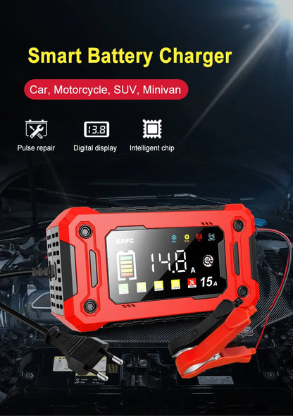 Newest 12V Car Battery Charger 15A/8A Pulse Repair Large Display Smart Charger for Car Motorcycle Lead Acid AGM GEL Batteries