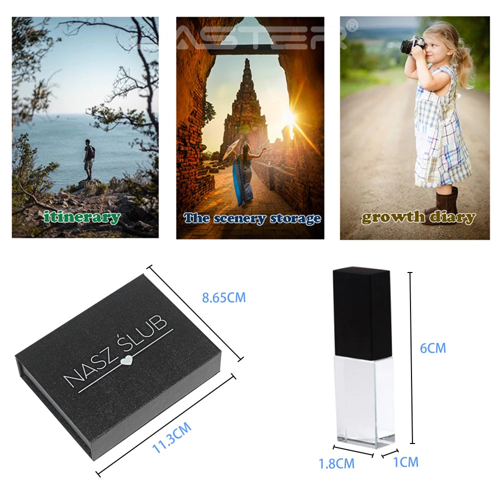 JASTER Crystal Wedding Gifts USB Flash Drives 128GB 3D Laser Engraving Custom Logo Pen Drive 64GB Photography Gift Memory Stick