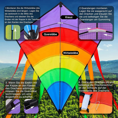 Rainbow Strip Spliced Diamond Rhombus Kite Lightweight Wind Resistant Fabric Easy Launch Stable Flight Foldable Portable Outdoor Flying Toy for Kids & Adults