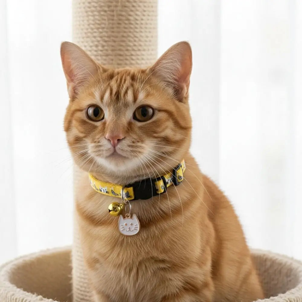 Adjustable Pet Cat Collar Quick Release Safety Buckle Anti-choking Puppy Collar with Cat Face Pendant Bell Cat Pattern