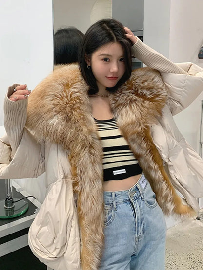 Oversized Winter Warm Real Fox Fur Collar Black Down Coat Women Puffer Outerwear Jackets 2024 Autumn Winter