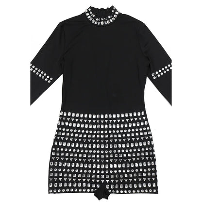 Leosoxs Women Diamonds Hot Rhinestones Long Sleeve Short Jumpsuits 2024 Summer Sexy Party Club One Piece Suit Rompers Playsuits