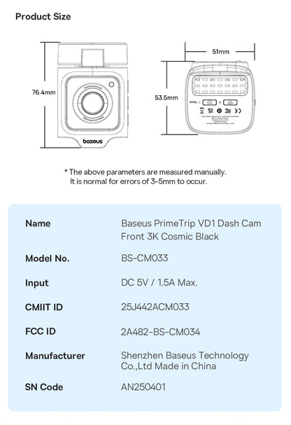 Baseus 3K Dash Cam VD1 Front and Rear Cam HD Built-in GPS Galileo Supercapacitor Car DVR Car Camera Recorder Support 24H Parking