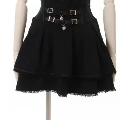 Japanese Sweet Lolita Style Mini Skirt Women Retro Elegant Lace Bandage Party Cake Skirts Female Gothic Y2k Metal Buckle Skirts