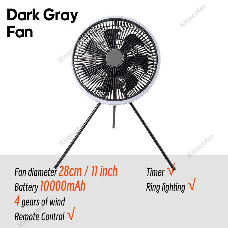 KINSCOTER 10000mAh Outdoor Camping Fan, 11inch Large Ceiling Fan with LED Lighting, Multifunction Air Circulator Cooler Fan
