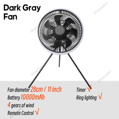 KINSCOTER 10000mAh Outdoor Camping Fan, 11inch Large Ceiling Fan with LED Lighting, Multifunction Air Circulator Cooler Fan