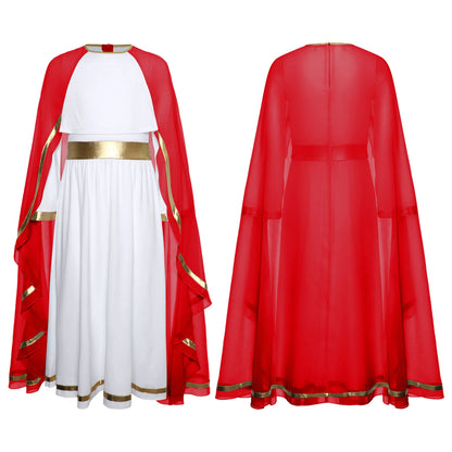 Halloween Virgin Mary Costume for Kids Girls Fancy Greek Princess Cosplay Long Sleeve Ruffle Dress with Chiffon Cape Theme Party