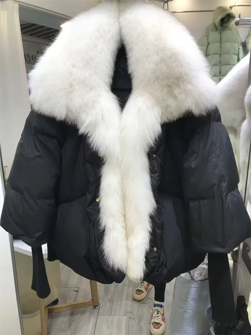 Oversized Winter Warm Real Fox Fur Collar Black Down Coat Women Puffer Outerwear Jackets 2024 Autumn Winter