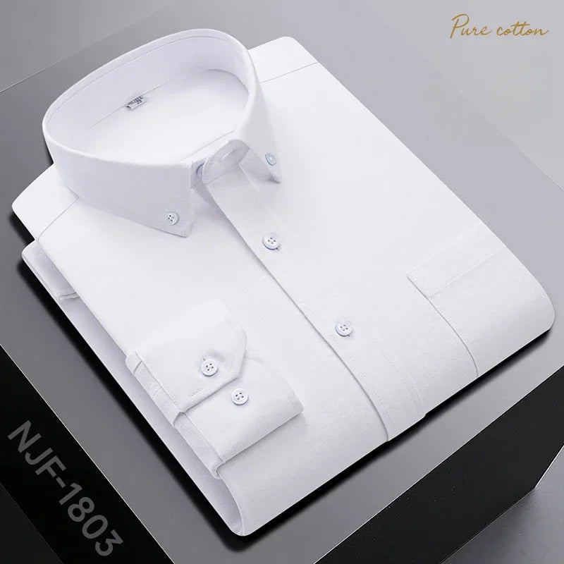 New In Shirt Oversize Long-Sleeve 100%Cotton Shirts for Men Slim Fit Formal Plain Shirt Plaid Casual Tops Designer Black Clothes