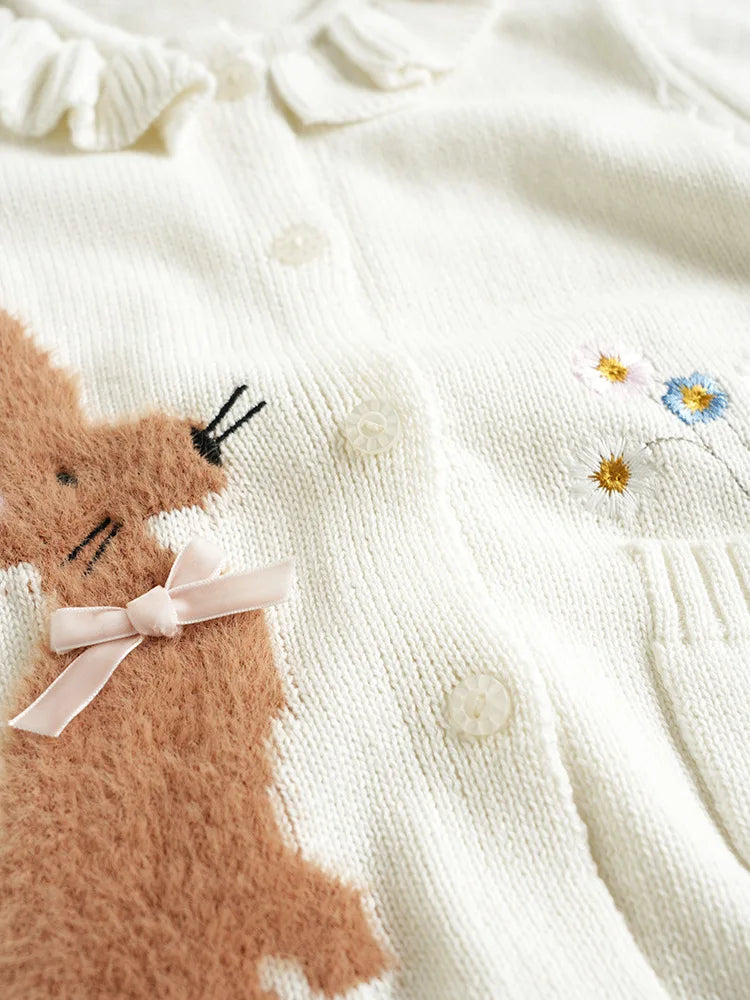 Baby Girls Embroidery Sweater Cardigan Autumn Fashion Cotton Floral Collar Kids Knitted Cardigan Rabbit Coat Outerwear Korean