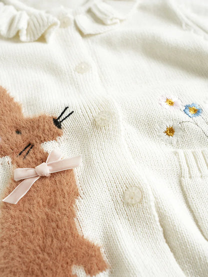 Baby Girls Embroidery Sweater Cardigan Autumn Fashion Cotton Floral Collar Kids Knitted Cardigan Rabbit Coat Outerwear Korean