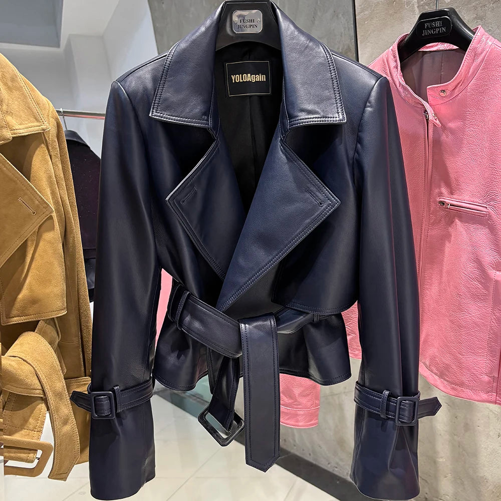 YOLOAgain 2025 Autumn Elegant Real Leather Jacket Coat Women Oversized Leather Jacket With Belt