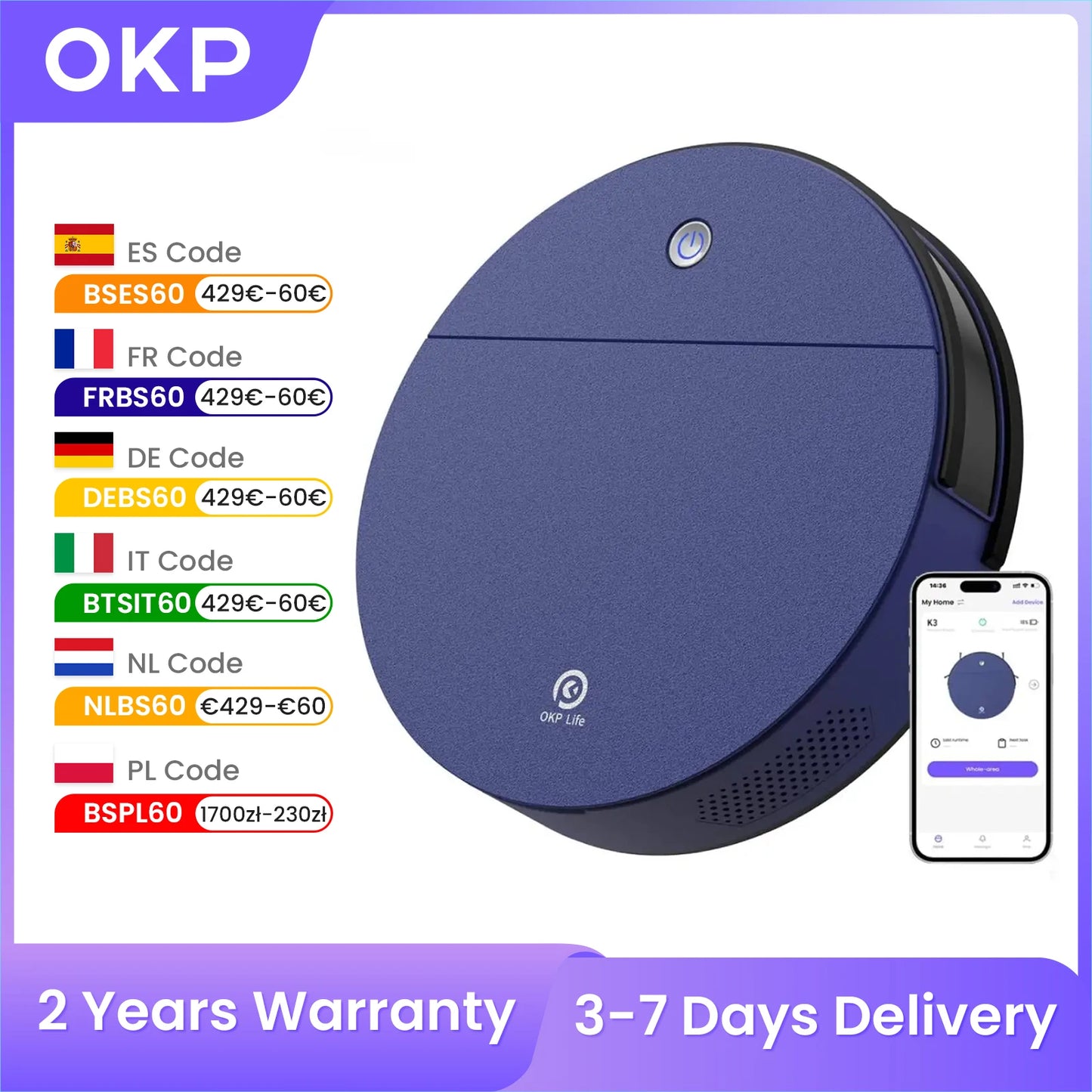 OKP K3 Robot Vacuum Cleaner 2000Pa Strong Suction 120 min autonomy,5 Cleaning mode home appliance for Hardfloor and Carpet