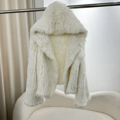 2024 Short Rabbit Fur Coat for Women Autumn Winter New Encrypted Thickened Handmade Double-sided Woven Hooded Korean Style