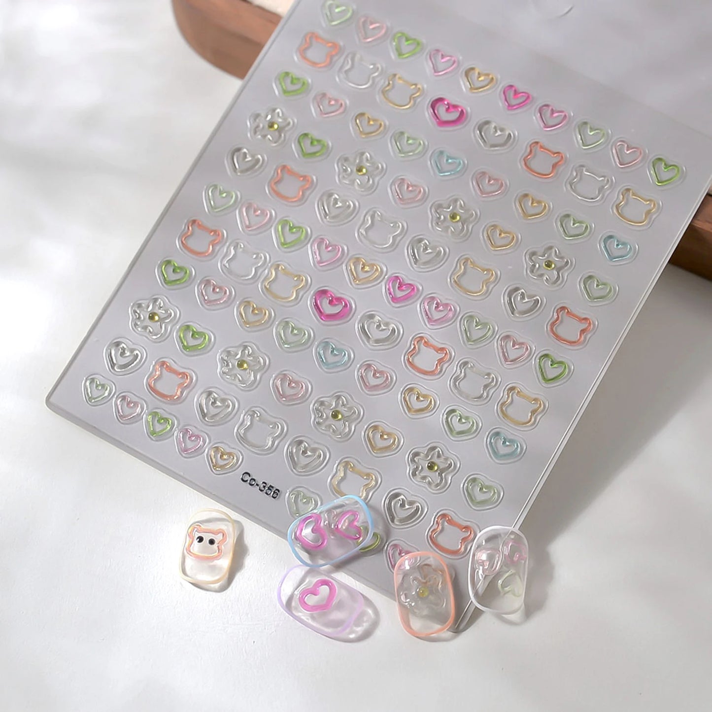 3D Embossed Nail Stickers - Cute Hollow Bear Heart Flower Decals Self-Adhesive Nail Art Sticker for Women Girls DIY Manicure