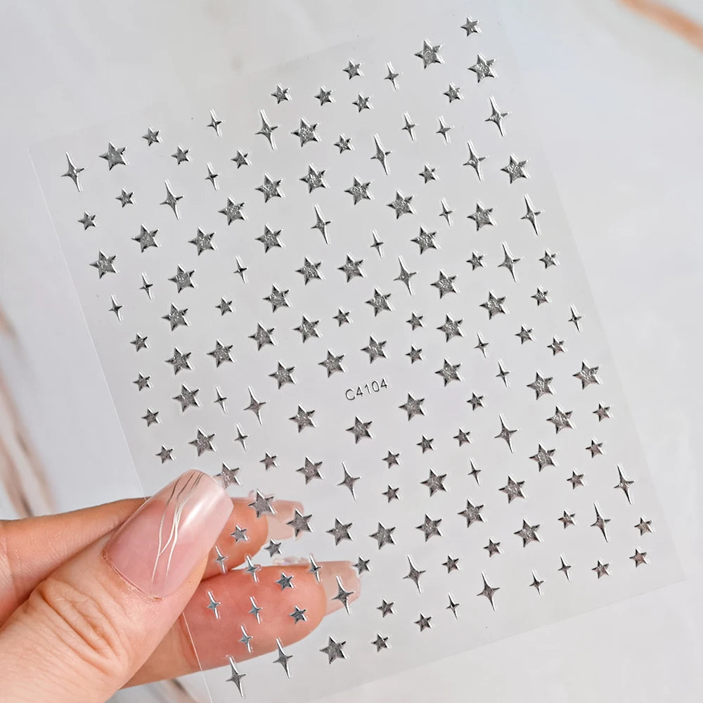 3D Bronzing Laser Silver Irregular Star Nail Decals Metallic Effect Silver Pentagram Nail Decals Adhesive Nail Art Star Stickers